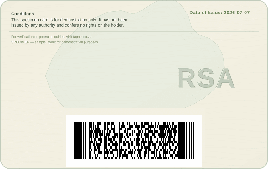 Back of South African SA Smart ID card showing the barcode