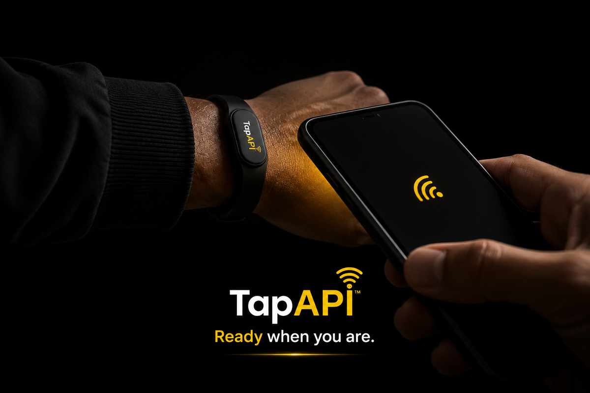 TapAPI wristband tapping a TapAPI Till phone — ready when you are