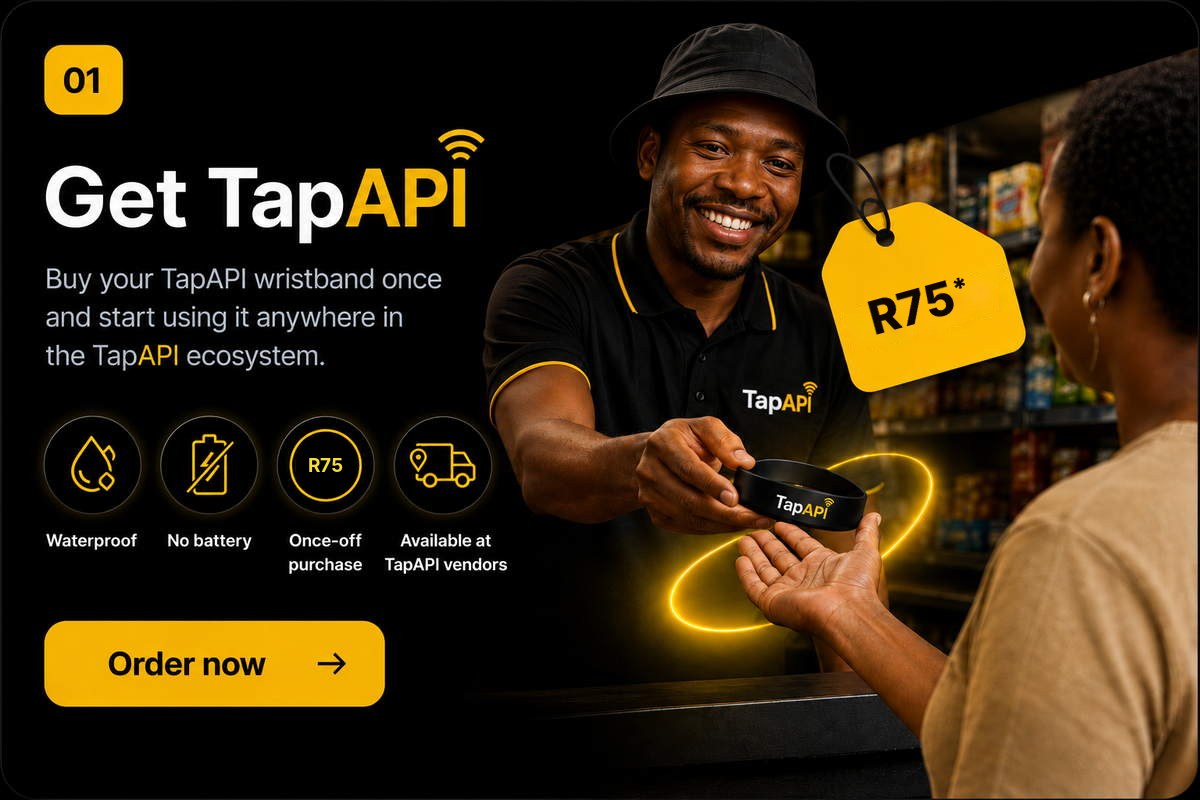 Step 1 — Get TapAPI. Buy your TapAPI wristband once for R75. Use it anywhere in the TapAPI ecosystem. Waterproof, no battery, available at TapAPI vendors.