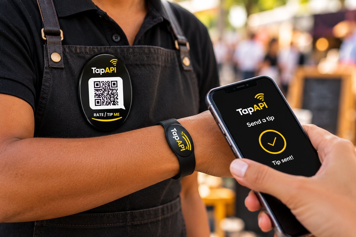 A staff member wearing a Rate / Tip Me badge and a TapAPI wristband, beside a phone showing Tip sent