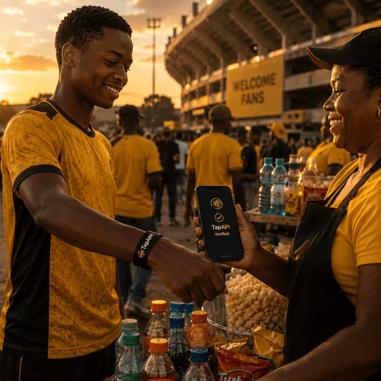 A fan taps his TapAPI wristband on a vendor’s phone at a stadium stall